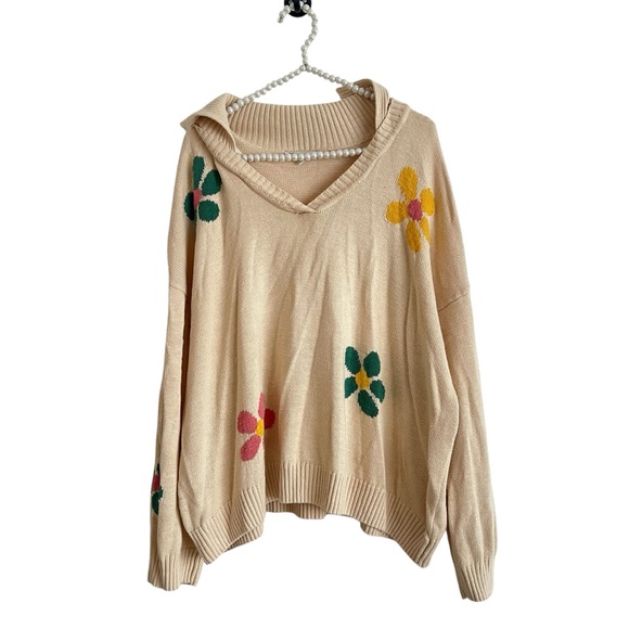 Cato Sweaters - Cato Beige V-Neck Long Sleeve Sweater with Colorful Floral Knit Women’s 22/24W